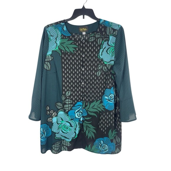 Bob Mackie Wearable Art 2X Teal Blue Floral Abstract Print Sheer Button Up Top - Picture 1 of 13